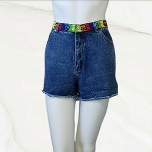 Next Issue vintage high-rise jean shorts w rainbow peace sign waistband